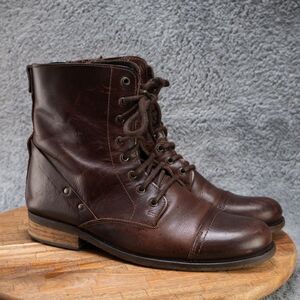 Men's Brown Leather Boots Lace Up Side Zipper Cap Toe Size 10 EU 43